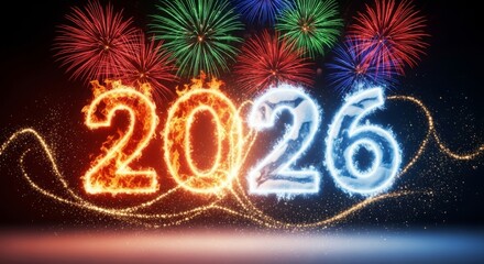 New year 2026 celebration with fiery and icy numerals and explosive fireworks display