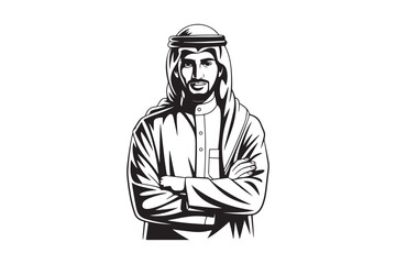 Black and white sketch of a man in traditional middle eastern attire