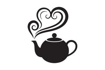 Black silhouette of a teapot with heart shaped steam