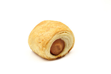 Single hot dog crescent bite isolated on white background © Hayran