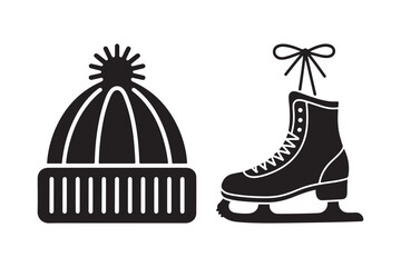 Winter ice skating gear silhouette of beanie and ice skate