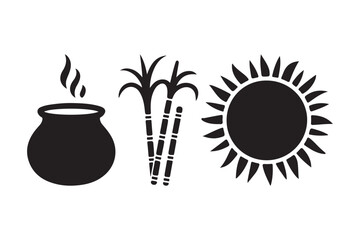 Pongal festival symbols pot sugarcane and sun icon