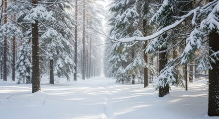 Enchanting winter forest landscape with a snowy path winding through tall pine trees, illuminated by bright sunshine and fresh white snow.