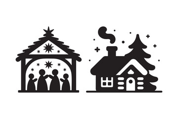 Nativity scene and cozy winter cabin silhouette icons