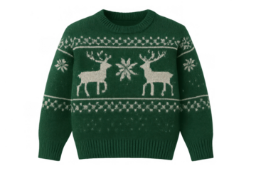 Green knitted christmas sweater with reindeer and snowflake pattern, celebrating winter holidays and festive season