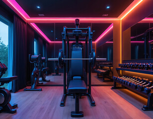 Fototapeta premium Modern home gym interior with weight machine and exercise equipment. Fitness room has neon lights, mirrors, wood floor. Dumbbells and exercise bike are also present in the gym space.