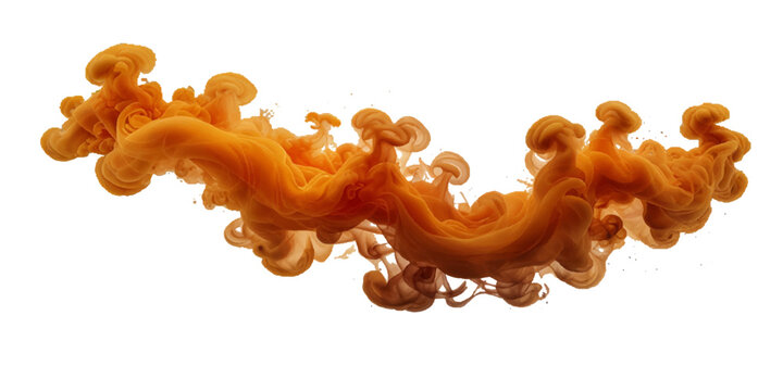 Orange color paint splash ink cloud liquid in water isolated transparent . Powerful cloud explosion, orange color spreads aggressively