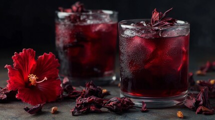 Two glasses of deep red sorrel (Zobo) with ice, hibiscus, ginger, clove&mdash;floral, tart, and refreshing.