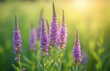 Obraz premium Close up photo of purple loosestrife flowers in sunlight. Blossoming perennial plants with green leaves grow in a garden. The floral image has blurred background.