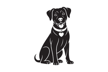 Naklejka premium Black silhouette of a happy dog sitting with a heart collar