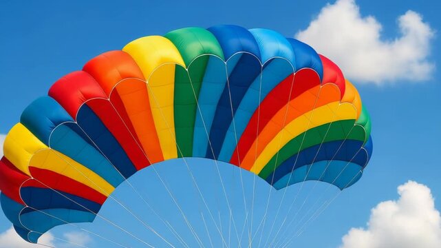 A vibrant rainbow parachute floats gracefully in the clear blue sky. White clouds dot the background, adding to the serene atmosphere.