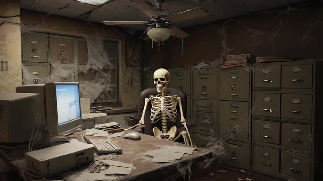 Skeleton at Desk in Abandoned Office Covered in Cobwebs: Overworked, Neglected, Forgotten, Deadline, Procrastination, Loneliness, Decay, Time Management, Bureaucracy, Halloween, Horror Concept