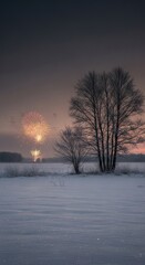 Winter Celebration: Fireworks Illuminating a Snowy Field and Bare Trees at Dusk