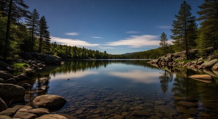 Serene Night Sky with Stars Reflected in a Calm Forest Lake, Revealing Underwater Rocks