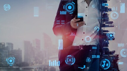 A business professional interacts with a smartphone amidst a futuristic city background featuring digital holograms, showcasing themes of technology and innovation. Xenic