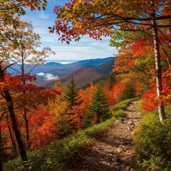 Vibrant Autumn Mountain Landscape with Winding Forest Trail and Breathtaking Fall Foliage