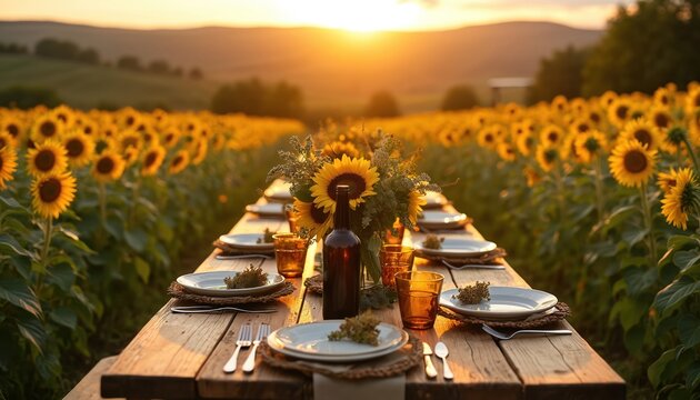 Long rustic wooden table set for outdoor dinner party in vibrant sunflower field. Golden hour light illuminates plates, glasses, bottle, flower bouquet. Farm-to-table event provides beautiful