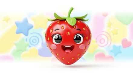 Obraz premium Cartoon strawberry with a smiling face and background of stars and hearts
