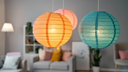 Three Hanging Paper Lanterns in Orange Pink and Teal Illuminate a Cozy Living Room with Soft Lighting - Powered by Adobe
