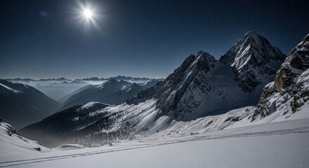 Moonlit Winter Wonderland: Majestic Snow-Capped Mountains Under a Starry Night Sky with Glistening Snow and Distant Peaks