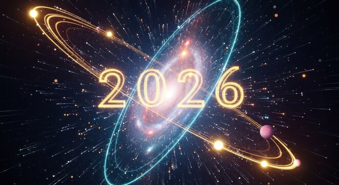 Animated abstract digital art showing the year 2026 amid a galactic space scene