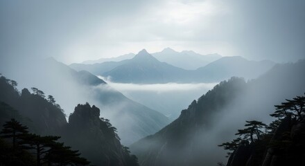 Ethereal Misty Mountain Landscape with Layered Peaks, Ancient Pine Trees, and Dramatic Fog Blanketing Serene Valleys under a Soft, Diffused Sky