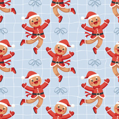 Christmas background with cute gingerbread man in Santa outfit. Christmas holiday background with festive character.