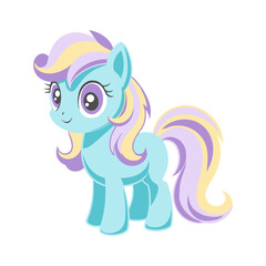 Adorable blue pony character with purple mane. Pastel colors. Childish illustration.