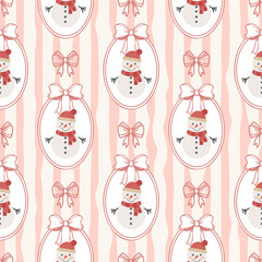 Cute snowman seamless pattern with bows and frames.Winter Holiday Pattern