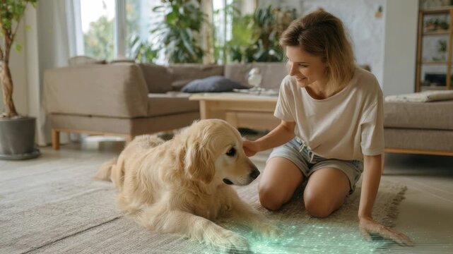 A cheerful woman gently pets her golden retriever as they both gaze at a mysterious glowing light on the carpet. The bright and inviting living room enhances the magical and relaxing mood