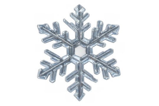 Snowflake ice crystal, six-pointed natural frozen water formation, macro close-up, transparent background