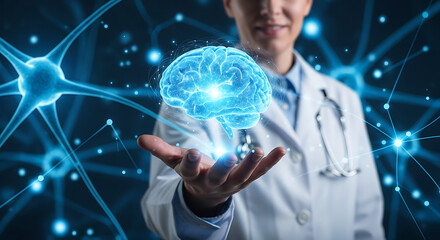 A doctor holding a glowing brain, symbolizing neuroscience and medical advancements in the field.