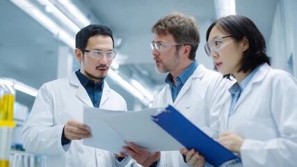 Focused researchers in protective eyewear review important data and share insights in a high tech laboratory environment. Their teamwork highlights scientific progress and innovation - Powered by Adobe