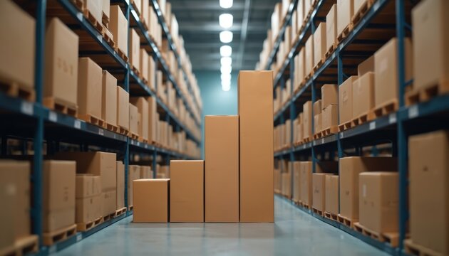 Boxes stacked like growth chart in warehouse. Parcels symbolize success, growth in business. Boxes stand on floor between shelving units with carton packages in storage. Warehouse industry background