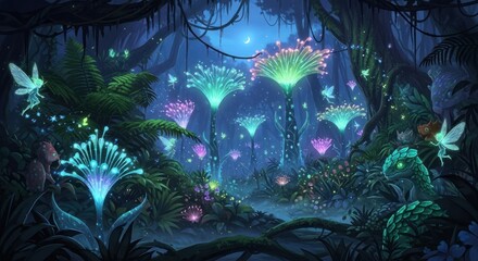 Enchanting Bioluminescent Forest at Night with Fairies, Glowing Flora, and Fantasy Creatures