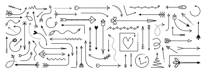 Decorative black line arrows doodle set, vector monochrome navigation symbols. Linear signs in different shapes and directions, flat contour infographic elements
