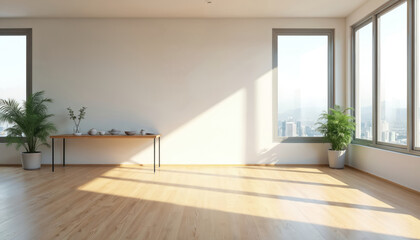 Obraz premium Bright empty room with panoramic windows has modern design. Interior with wood floor, table and plants. Nobody inside. Sunlight shines through the windows on a sunny day. Cityscape view.