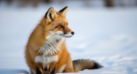 Majestic Red with Vibrant Fur and White Chest Sitting in Snowy Winter Landscape