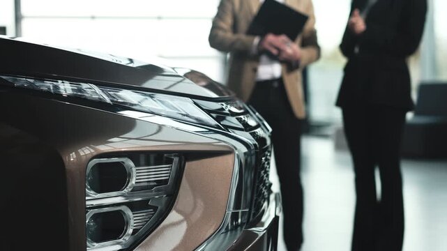 A car salesperson talks with a client and helps them choose the right vehicle in a modern showroom. Concept assisting in car selection.