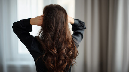 Fototapeta premium ChatGPT ÑÐºÐ°Ð·Ð°Ð»:Rear view of a woman with long, wavy, healthy brown hair, gently touching her hair with both hands. She stands in a softly lit modern interior, wearing a black blous