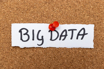 A piece of torn paper displaying the words BIG DATA, pinned with a red pushpin against a corkboard. This image symbolizes data analysis and technology in modern business.
