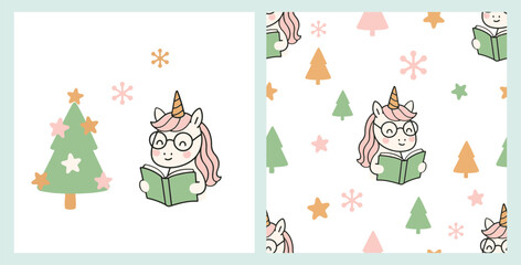 Fototapeta premium Cute unicorn reading book with christmas tree, pastel stars and snowflakes seamless pattern.