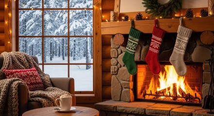 Cozy Log Cabin Winter Retreat: Fireplace, Stockings, and Snowy Forest View with Hot Drink