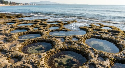 Sunlit Tide Pools on a Rocky Coastal Beach with Clear Water, Algae, Gentle Ocean Waves, and a Scenic Background of Distant Mountains and a Coastal Town