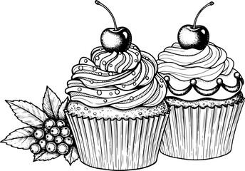 Two cupcakes with cherries and berries, detailed black and white drawing.