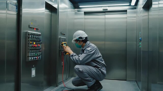 Asian Technician Inspecting Elevator Control Panel with Multimeter, Wearing Hard Hat and Mask, Performing Maintenance and Repair in Modern Lift