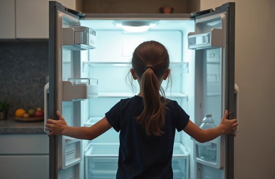 Little girl looking inside empty fridge. Child face to opened refrigerator door. Lack of food or hunger concept. Economic crisis and poverty concept. Kid in the kitchen near an empty fridge.
