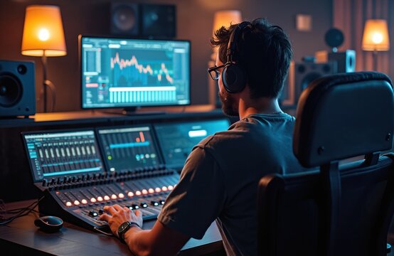 Man in headphones uses audio mixer, computer with waveform display for music production. Sound engineer works in studio at mixing console adjusting sound levels for song creation. Pro audio editing.