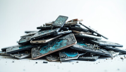 Pile of broken smartphones with cracked screens, exposed internal circuits. Discarded tech devices represent electronic waste, growing global environmental problem. Old mobile phones require proper