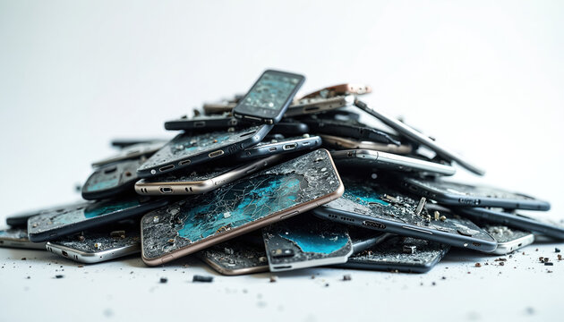 Pile of broken smartphones with cracked screens, exposed internal circuits. Discarded tech devices represent electronic waste, growing global environmental problem. Old mobile phones require proper